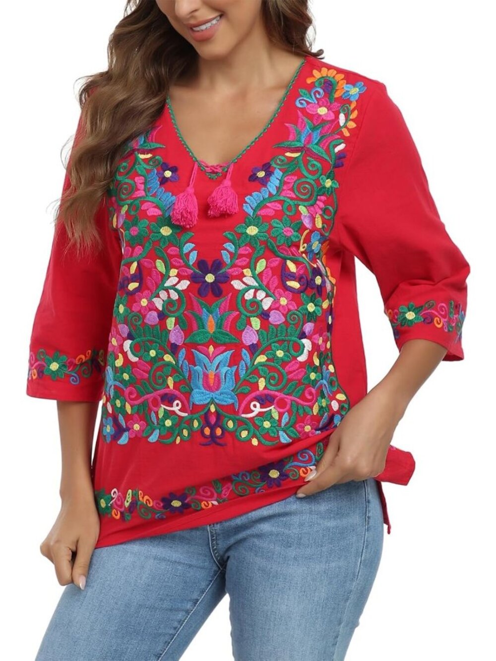 Boho Floral Embroidered V Neck Tunic Blouse | Women's 3/4 Sleeve Top